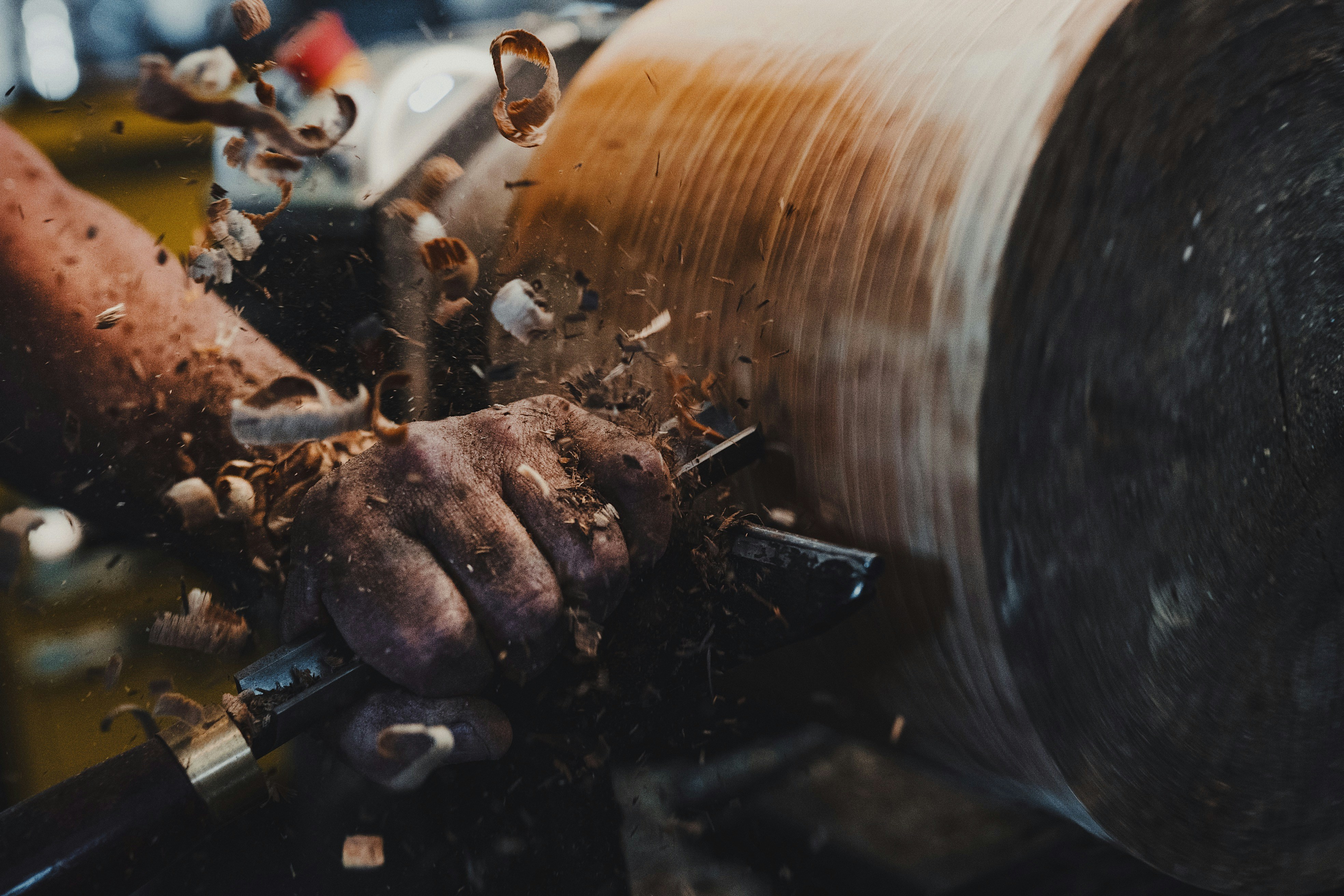 Woodturning lathe in action